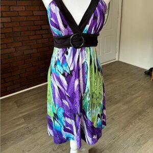 IZ Byer Dress M Purple Abstract Halter Fit Flare Ring Detail Butterfly Print